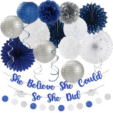 Imagem de Hugtmr Festa De Formatura 2025 - Decorações Banners E Serpentinas 21 Peças, Azul-Marinho, Branco Prata, Decoração Fundo Formatura, Guirlanda Borlas, Pompons Tecido Em Formato Favo Mel, Leques Lanter
