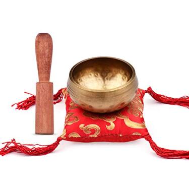 Imagem de Tomshin Conjunto de tigela de canto tibetano com tigela de som de metal feito à mão de 8 cm / 3 polegadas e almofada macia e batedor de madeira para meditação, som chakra, cura, ioga, relaxamento