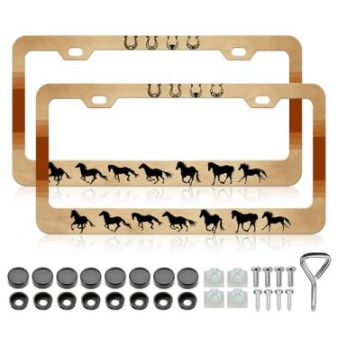 Imagem de Moldura de placa de carro de cavalo - 2 peças de suporte de placa de carro ferradura, peças automotivas à prova de ferrugem, decoração de capa de placa de carro com tampas de parafusos para padrão EUA