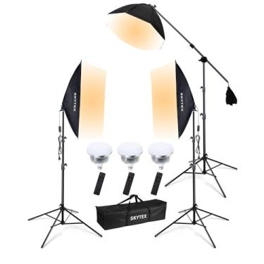 Imagem de Skytex Kit de iluminação Softbox (pacote com 3), caixa macia de 51 x 71 cm | Softbox Octa de 71 cm | Lâmpada LED E27 85W 2700-6400K Iluminação contínua para fotografia, equipamento de luzes de estúdio