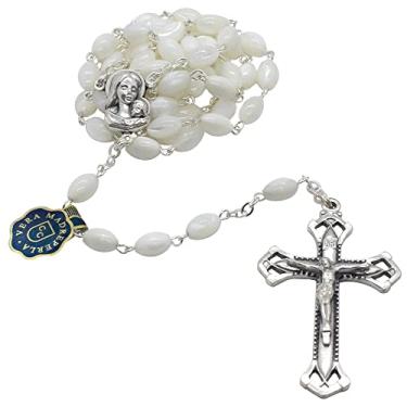 Imagem de Terço católico de luxo com contas de Ave Maria em madrepérola | Crucifixo prateado e centro | Ótimo presente católico para a primeira comunhão, confirmação e casamentos