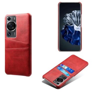 Imagem de Capas Compatível com HUAWEI P60 Pro,Caso de couro PU-Tampa de telefone a prova de choque com 2 slots de cartão,Proteção anti-impressão digital e anti-gota-Red