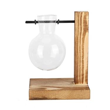 Imagem de Eujgoov Vasos de Flores de Bricolage retrô Inovadores, Mini Vaso de Plantador de Vidro Em Forma de Coração, Suporte de Madeira, Decoração de Mesa Elegante para Escritório Em Casa, Hidroponia de de