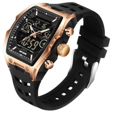 Imagem de findtime Relógio digital masculino à prova d'água para homens, alarme analógico, cronômetro, cronômetro, relógio de pulso com design exclusivo Tonneau e pulseira de silicone, Ouro rosa, preto, Casual