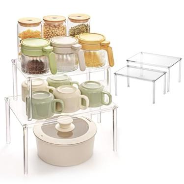 Imagem de Prateleira Organizadora para Armário,Organizadores de Acrílico para Cozinha - 2 Peças Prateleira Elevatória Empilhável para Balcão e Mesa para Copos, Latas de Refrigerante, Maquilhagem, Frascos