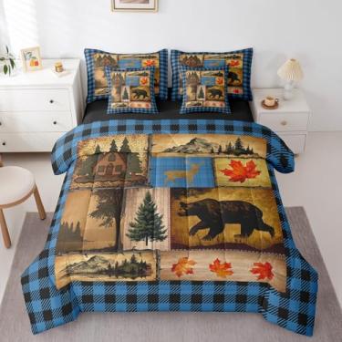 Imagem de Erosebridal Conjunto de edredom de 7 peças com estampa de urso, cama de solteiro rústico, chalé rústico, com estampa de búfalo azul e preto, enchimento de edredom reversível, para quarto de meninos e