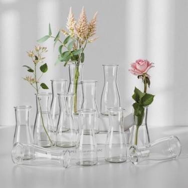 Imagem de Vasos de vidro para centros de mesa – Conjunto de 12 vasos pequenos transparentes, vasos de flores decorativos minimalistas modernos para casamento, chá de panela, festa de aniversário, chá de bebê