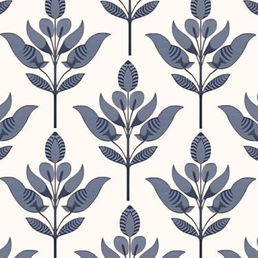 Imagem de BOKEBEVE Papel de parede de folhas descasque e cole papel de contato floral, papel de parede boho para gabinete, bancada, mesa, locatário, amigável, bege, azul, 17,5 x 393,5 pol