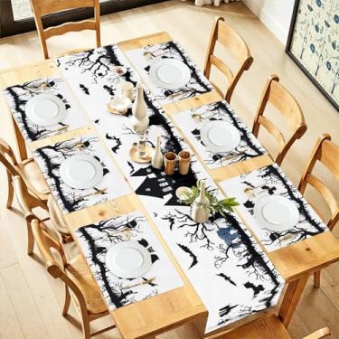 Imagem de Conjunto de jogo americano e corredor de mesa de Halloween com folha de bordo de abóbora – 7 peças de decoração de jantar de linho de algodão para uso diário (33 x 182 cm, 30 x 45 cm) (morcegos de