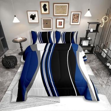 Imagem de Erosebridal Conjunto de edredom Queen abstrato, azul, preto, para adultos, mulheres, homens, cinza, moderno, listrado, geométrico, linhas geométricas, arte contemporânea, boêmio, conjunto de colcha