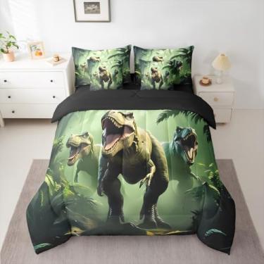Imagem de Feelyou Conjunto de edredom com 7 peças, solteiro, dinossauro, selva, dinossauro, para crianças, meninos e meninas, decoração de quarto de animais selvagens, verde e marrom, microfibra macia e