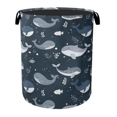 Imagem de Cesta de roupa suja dobrável de lona com alças para animais marinhos de baleia fofa - organizador de brinquedos, resistente para casa, quarto, dormitório, banheiro