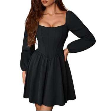 Imagem de Scarlet Darkness Vestido Renascentista feminino de manga comprida espinha de peixe mini vestido de convidada de casamento preto 14