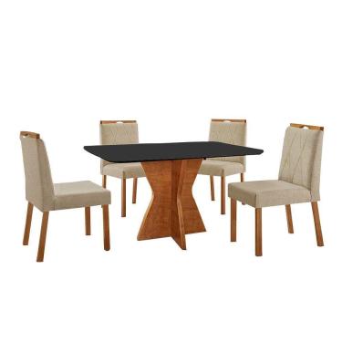 Imagem de Conjunto Sala De Jantar Mesa Madri 120x80cm Tampo Retângular Vidro Preto Com 4 Cadeiras Bela Linho Bege