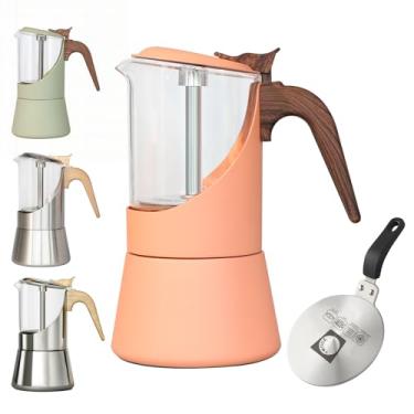 Imagem de TWOCE Pote Moka de vidro para fogão e indução - Cafeteira italiana de café expresso com cabo de madeira e design à prova de vazamento - Vem com placa difusora de calor por indução (6 xícaras, laranja