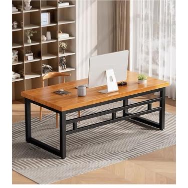 Imagem de Mesa de computador moderna de madeira maciça, 39,4 x 23,6 polegadas, madeira natural com moldura de metal preto, mesa de 5 cm de espessura (âmbar)