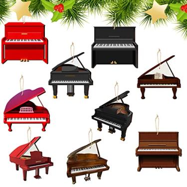Imagem de 36 peças de enfeites de Natal Grand Piano de madeira preta ornamento de piano decoração instrumento musical ornamento de piano vertical marrom modelo de piano de madeira decorações suspensas para árvore de Natal