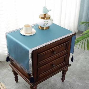 Imagem de Toalha de mesa de cabeceira pequena capa de mesa de cabeceira pano rústico capa de mesa de cabeceira bordada com borlas tecido manchado decoração de mesa para cômoda TV microondas máquina de lavar