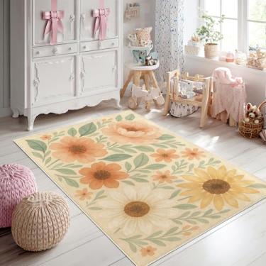 Imagem de Bildenly Tapete floral 7,5 x 12,5 cm, girassol para sala de estar, quarto, sala de jantar - Tapete lavável para quarto de meninas, tapetes pequenos antiderrapantes para sala de estar, decoração