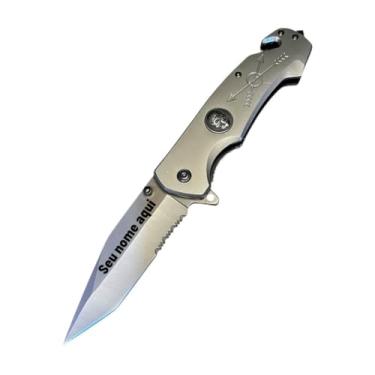 Imagem de Canivete Tático Semiautomático com Gravação Personalizada, Lâmina em Aço Inox, Cabo em Metal Cinza