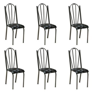 Imagem de Kit 6 Cadeiras de Cozinha Alasca Estampado Preto Florido Pés de Ferro Cromo Preto - Pallazio