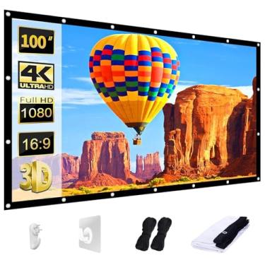 Imagem de AAJK Tela de projetor de 100 polegadas, tela de projetor lavável, 16:9, dobrável, antirvincos, tela de filmes portátil para home theater, suporte interno, projeção dupla face