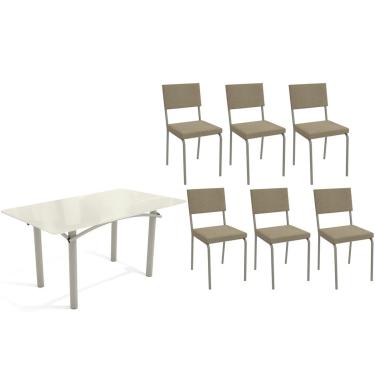 Imagem de Sala de Jantar Completa Elba Tampo Madeirado c/ Vidro 160cm e 6 Cadeiras Zaria Niquel/Off White - Boucle Bege - Kappesberg