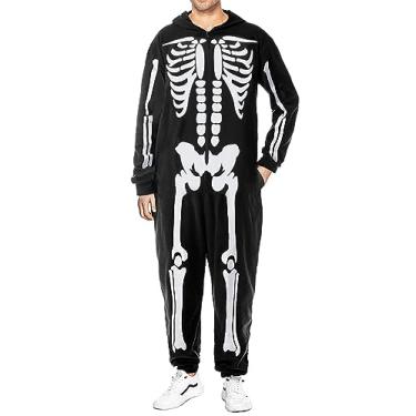Imagem de CYCLAMEN Fantasia de Halloween para adultos casal esqueleto abóbora macacão macacão pijama com capuz mulheres homens família, Esqueleto, masculino, Small