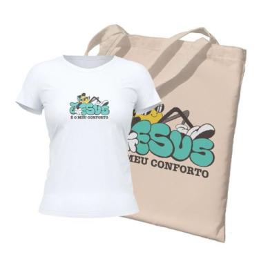 Imagem de Kit Ecobag + Camiseta Feminina - Jesus é meu conforto  Branca - Penkal