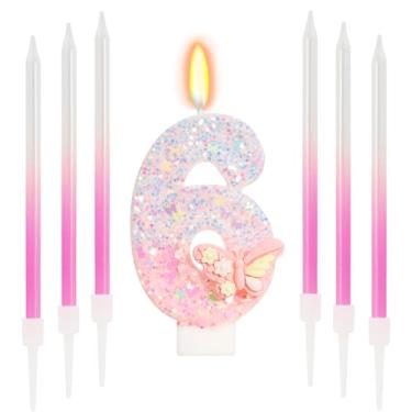 Imagem de ElekFX Vela número 6 borboleta rosa com bastão de cera, decorações de aniversário de 6 anos para meninas, topo de bolo de borboleta com glitter com lantejoulas para artigos de festa e lembrancinhas
