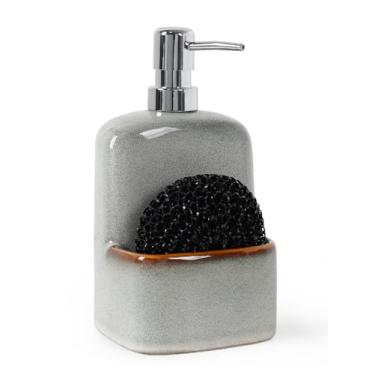 Imagem de INGOFIN Dispensador de sabão de cerâmica com suporte de esponja - Conjunto de garrafa de sabão e esponja recarregável 2 em 1 para pia de cozinha e banheiro, cinza-branco