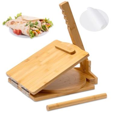 Imagem de JUSTHERE Prensa de tortilha de madeira, Prensa para tortilhas rotativas de 25 cm, prensa de tortilha de bambu com rolo de massa e 50 peças de papel manteiga, para tortilha caseira, roti, chapati, taco