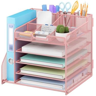Imagem de Lavatino Organizador de mesa, bandeja de papel de malha metálica de 5 camadas com suporte de arquivo e 7 divisórias flexíveis para organizadores e acessórios de mesa de escritório ou casa, mantém os