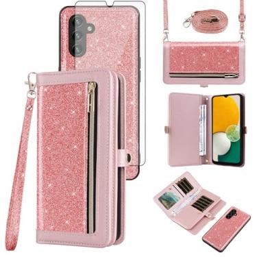 Imagem de Asuwish Capa carteira compatível com Samsung Galaxy A13 5G e protetor de tela de vidro temperado com glitter, zíper e porta-cartões, capas para celular para A04S M13 G5 A 13 2022 13A A135G SM A136U