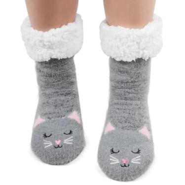 Imagem de Meias femininas de Pilates felpudas, antiderrapantes, para ioga, barre, hospital, outono e inverno, Estilo gato cinza, 5.5-10.5