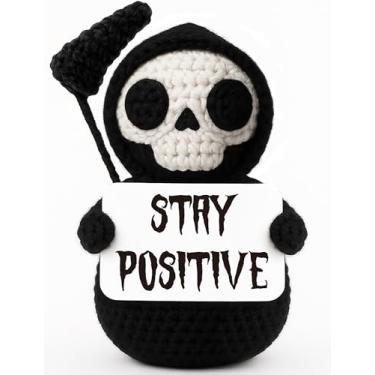 Imagem de Funny Gothic Grim Reaper Crochet Plush - Spooky Cute Halloween Decor & Dark Humor Gift - Stay Positive Sarcastic Desk Sign for Coworkers Friends White Elephant