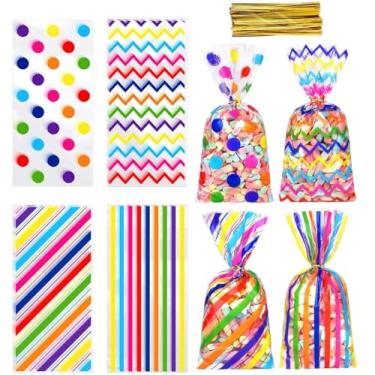 Imagem de Capesaro 50 peças, 26 x 12 cm, sacos de guloseimas de celofane arco-íris, saco de presente de doces com laços torcidos, listras, estampa de bolinhas, bolsa de guloseimas para aniversário, casamentos