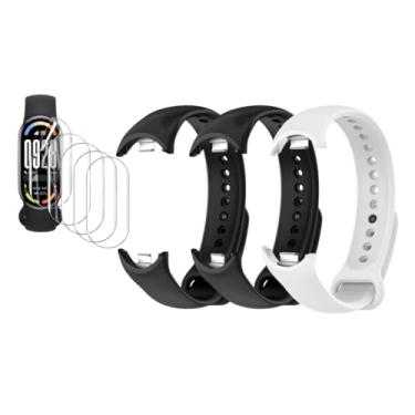 Imagem de Kit 3 Pulseiras extras compatíveis com relogio xiaomi mi band 10,9,8 + 5x Películas Gel para relogio xiaomi(8/9/10 Preto, Preto,Branco + 5x pelicula)