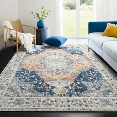 Imagem de Tapetes de área 13 x 18 cm, tapetes laváveis de pilha baixa, tapetes vintage macios envelhecidos para quarto, sala de estar, sala de jantar, repelente de água, não cai, azul e laranja