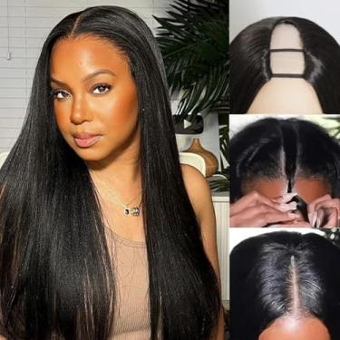 Imagem de Peruca preta em V, peruca reta Kinky Upgrade U Part Perucas sintéticas para mulheres negras, cabeça inteira, clipe de cabelo sem cola, mistura de cabelo humano, substituição de cabelo humano, perucas