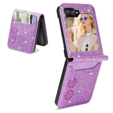 Imagem de Kruysozz Capa para Galaxy Z Flip 6 & Z Flip 5, capa carteira de couro brilhante à prova de choque com suporte para cartão meninas mulheres capa protetora para Samsung Galaxy Z Flip6 e Z Flip5 (Roxo)