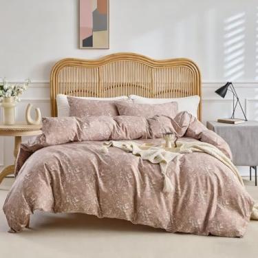 Imagem de AMZTOP Conjunto de edredom cáqui para todas as estações, solteiro, GG, 3 peças, floral, boêmio, e 2 fronhas em uma bolsa, conjunto de cama rústico de fazenda pré-lavado, leve, quente, fofo, para