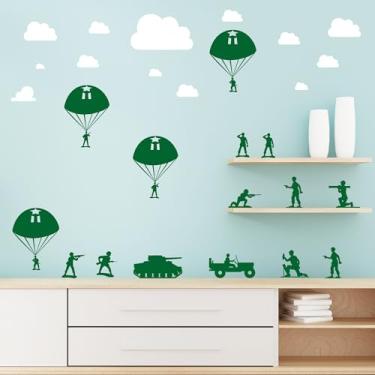 Imagem de Pounchi Sickers de parede do exército e nuvens (4 folhas 93 peças) com filmes de transferência, decalques de PVC de parede militar Cool Solider para decoração de quarto de adolescentes meninos e