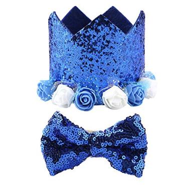 Imagem de Conjunto de chapéu de coroa de aniversário para cães e gatos, conjunto de gravata borboleta, chapéu de aniversário para cães e gravata borboleta na moda festa de aniversário, chapéu de coroa de cachorro ajustável e coleira de gravata borboleta fofa para cachorrinho com faixa elástica (safira)