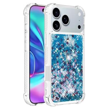 Imagem de Capa de telefone à prova de choque para iPhone 17 Pro com glitter líquido de areia movediça e corações flutuantes, capa de TPU de camada dupla reforçada com 4 cantos, protetor de telefone seguro