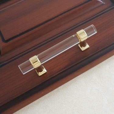 Imagem de Pacote com 6 puxadores de armário de cristal de 8,3 cm puxador de gaveta de acrílico transparente puxadores de cômoda dourada puxadores de armário de cozinha (6, metal dourado, orifício a furo de 8 1