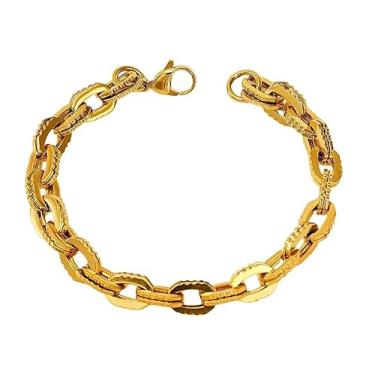 Imagem de Bracelete Aço Inoxidável Dourado Corrente Elo Português Banhado Ouro 18K-Pulseira Feminina Link Grosso Texturizado Aço inox cirúrgico Folhado Ouro18k-Presente Feminino Corrente Charme Minimalista Glamour