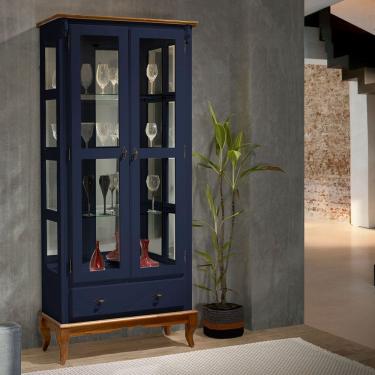 Imagem de Cristaleira com Espelho e LED 2 Portas 3 Prateleiras e Laterais em Vidro 60303EL Linz Móveis - Azul Petróleo/Imbuia Glazer