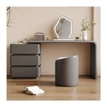 Imagem de Escrivaninha de penteadeira Mesa de toucador com 3 gavetas, conjunto moderno e simples, incluindo espelho maquiagem LED cadeira, perfeito para mulheres meninas(Dark grey,Médio)