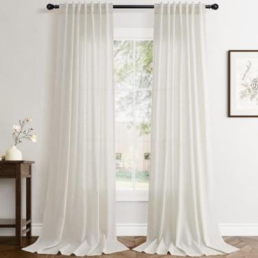 Imagem de Cortinas de linho natural creme, 215,88 cm de comprimento, conjunto com 2 painéis, boho, quinta, sala de estar, cortinas semitransparentes, 215,88 cm, cor marfim longa